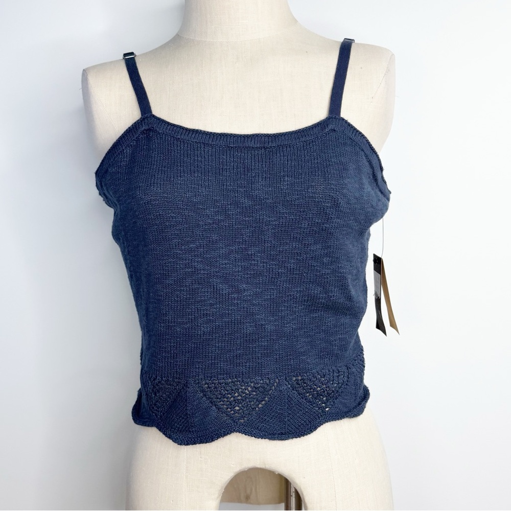 Frye Women’s Crochet Hem Crop Knit Boho Tank Top Navy Blue NWT XL